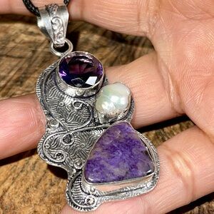 Purple Charoite & Blister Peal Pendant 2 1/2”